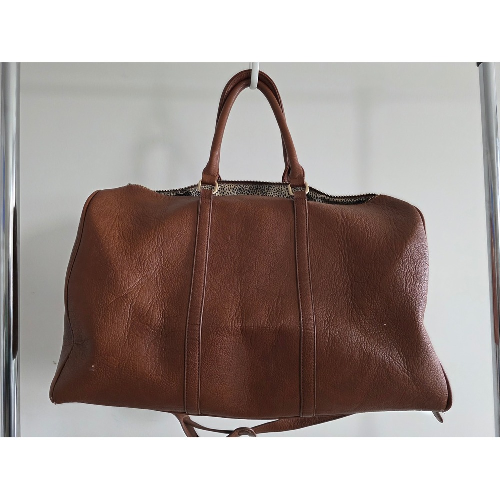 Sole Society Cassi Cognac Brown Vegan Leather Weekender Duffel Bag Leopard Lined - Picture 4 of 13